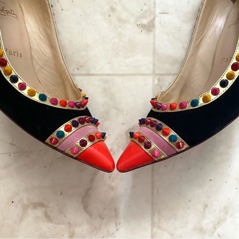 $1,095 Christian Louboutin Black Suede Leather Malabar Hill Spiked Pumps Heels 7